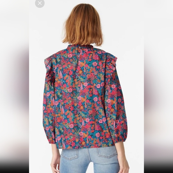 J. Crew Liberty Ciara Ruffleneck Flutter Sleeve Floral Top Pleated Pink Small - Picture 5 of 13